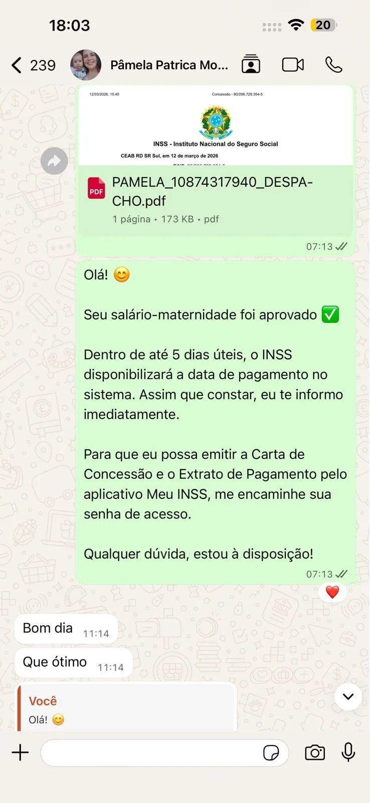 Conversa real de cliente no WhatsApp