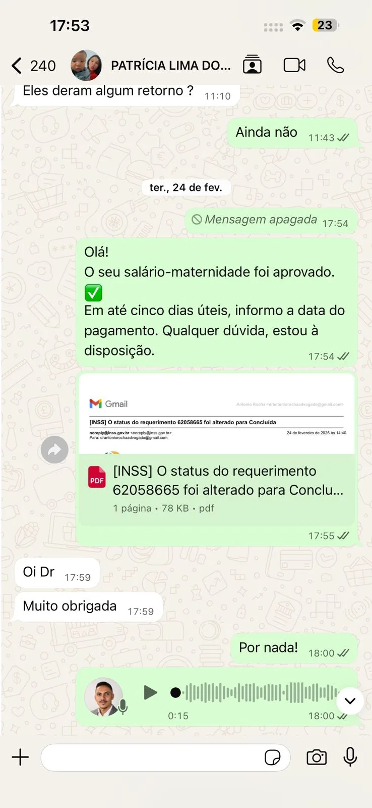 Conversa real de cliente no WhatsApp