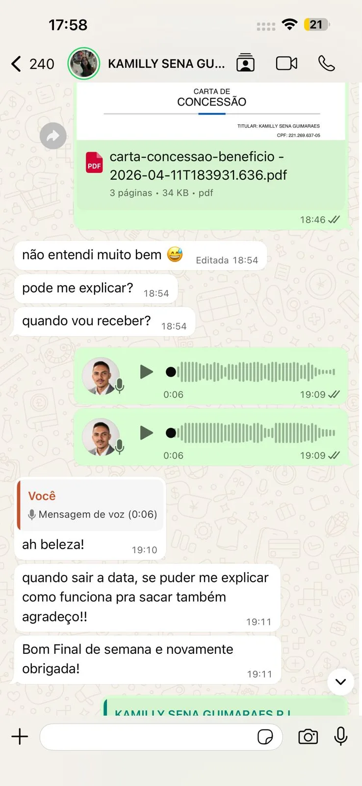 Conversa real de cliente no WhatsApp